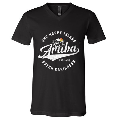 One Happy Island Aruba Script Lettering Vintage Logo Art V-Neck T-Shirt