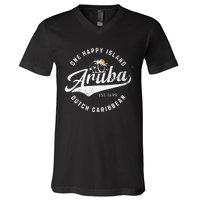 One Happy Island Aruba Script Lettering Vintage Logo Art V-Neck T-Shirt