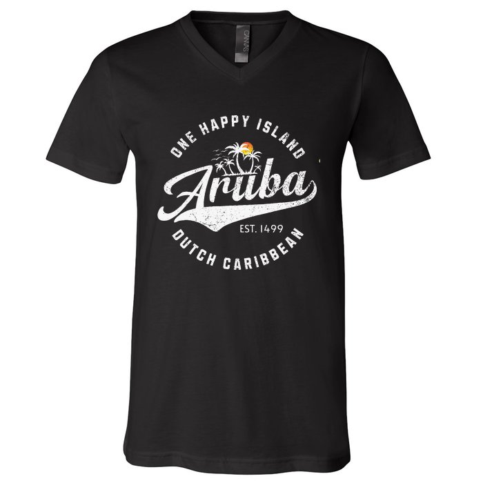 One Happy Island Aruba Script Lettering Vintage Logo Art V-Neck T-Shirt