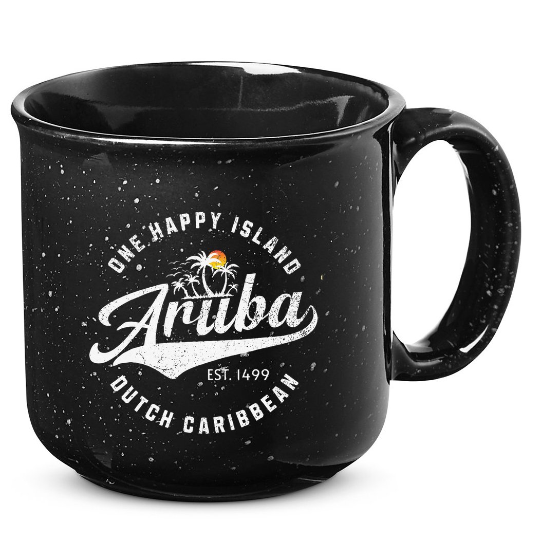 One Happy Island Aruba Script Lettering Vintage Logo Art 15oz Campfire Ceramic Mug