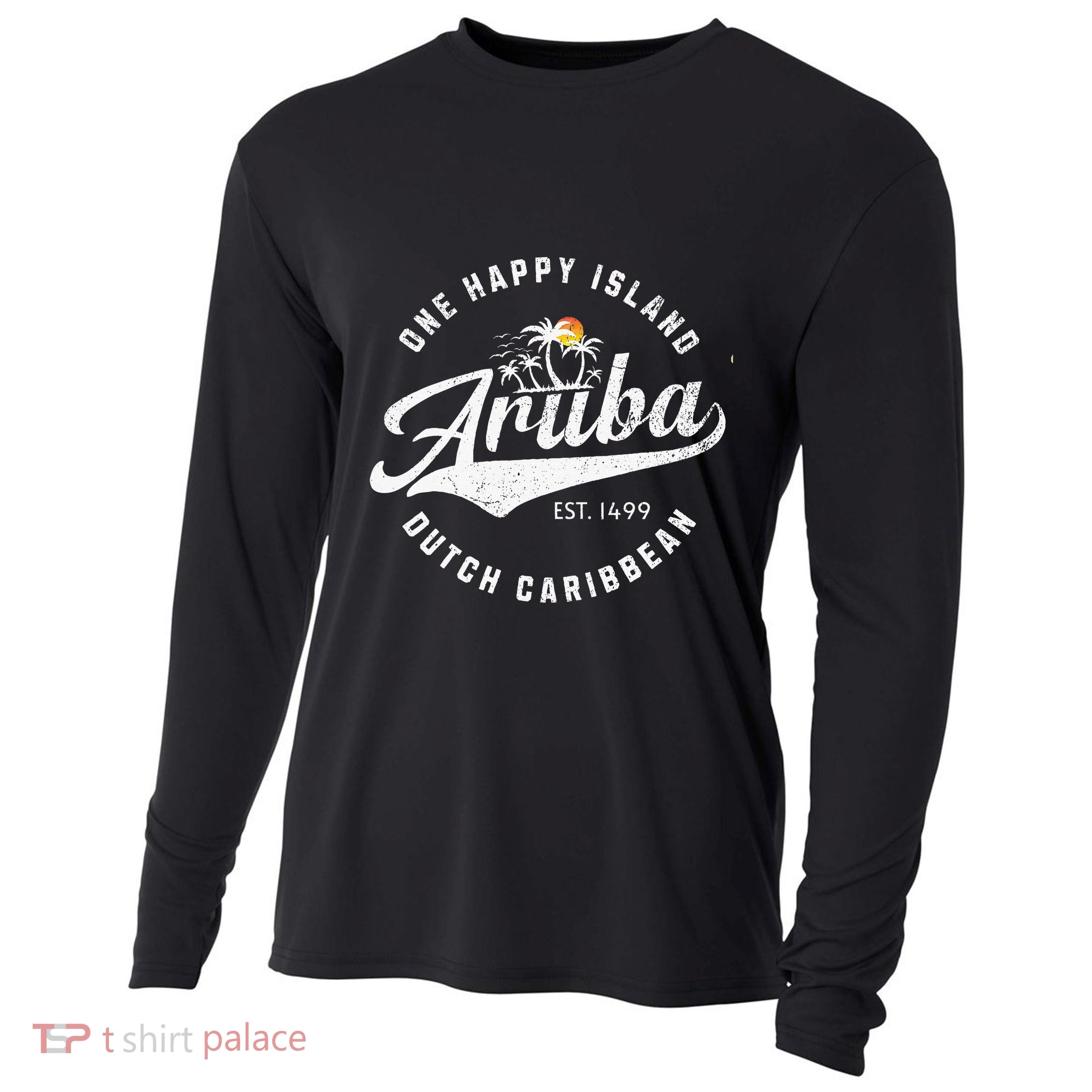 One Happy Island Aruba Script Lettering Vintage Logo Art Cooling Performance Long Sleeve Crew