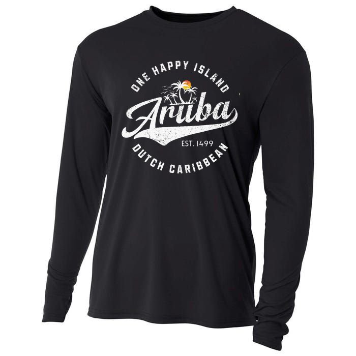 One Happy Island Aruba Script Lettering Vintage Logo Art Cooling Performance Long Sleeve Crew