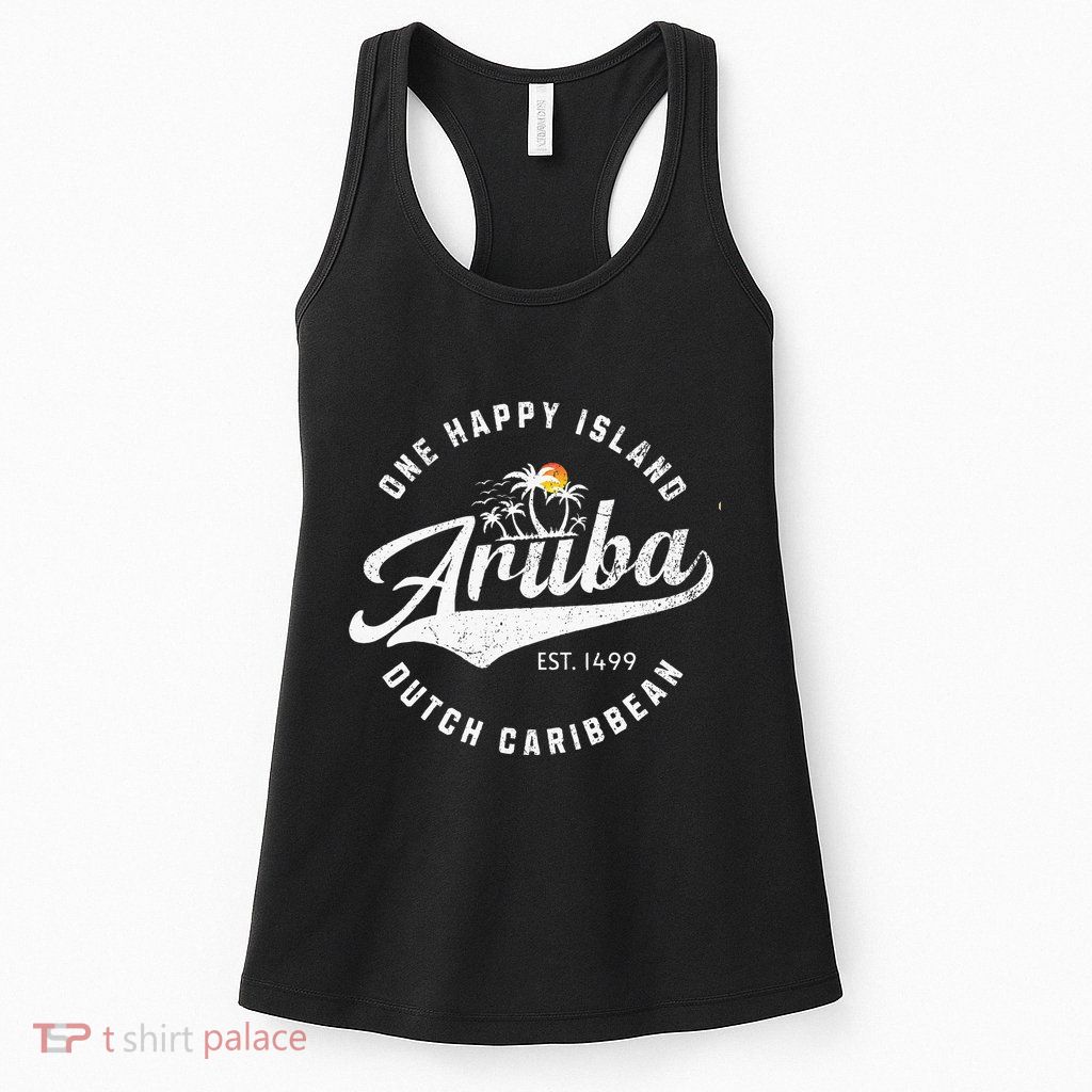 One Happy Island Aruba Script Lettering Vintage Logo Art Womens Tank Top