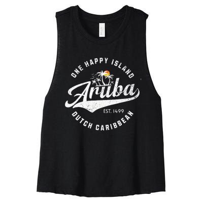 One Happy Island Aruba Script Lettering Vintage Logo Art Women's Racerback Cropped Tank