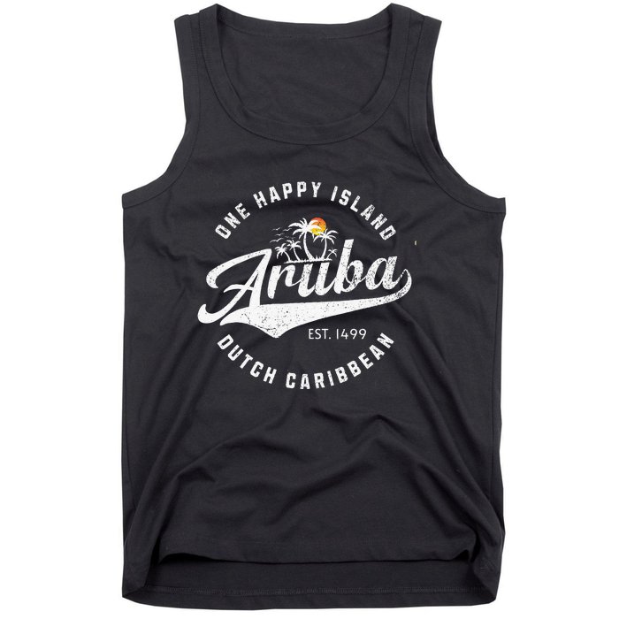 One Happy Island Aruba Script Lettering Vintage Logo Art Tank Top