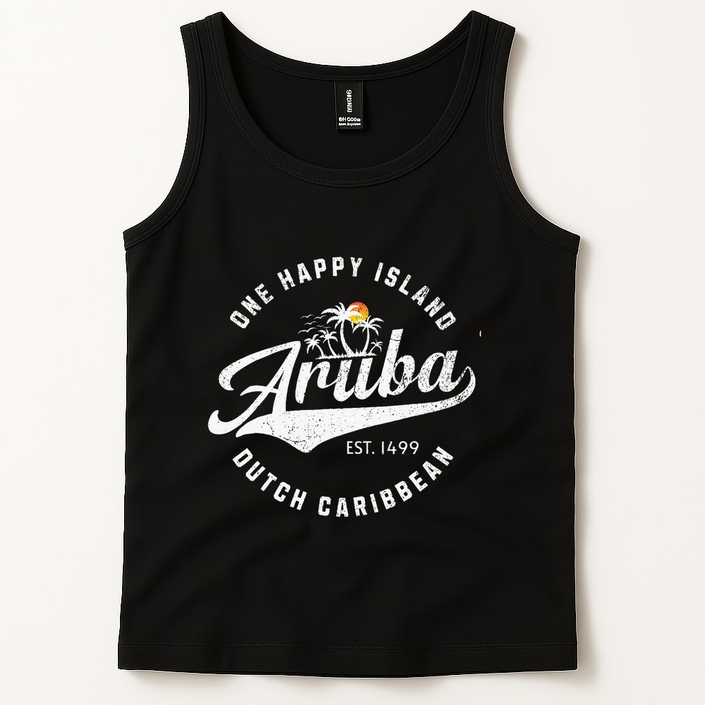 One Happy Island Aruba Script Lettering Vintage Logo Art Tank Top