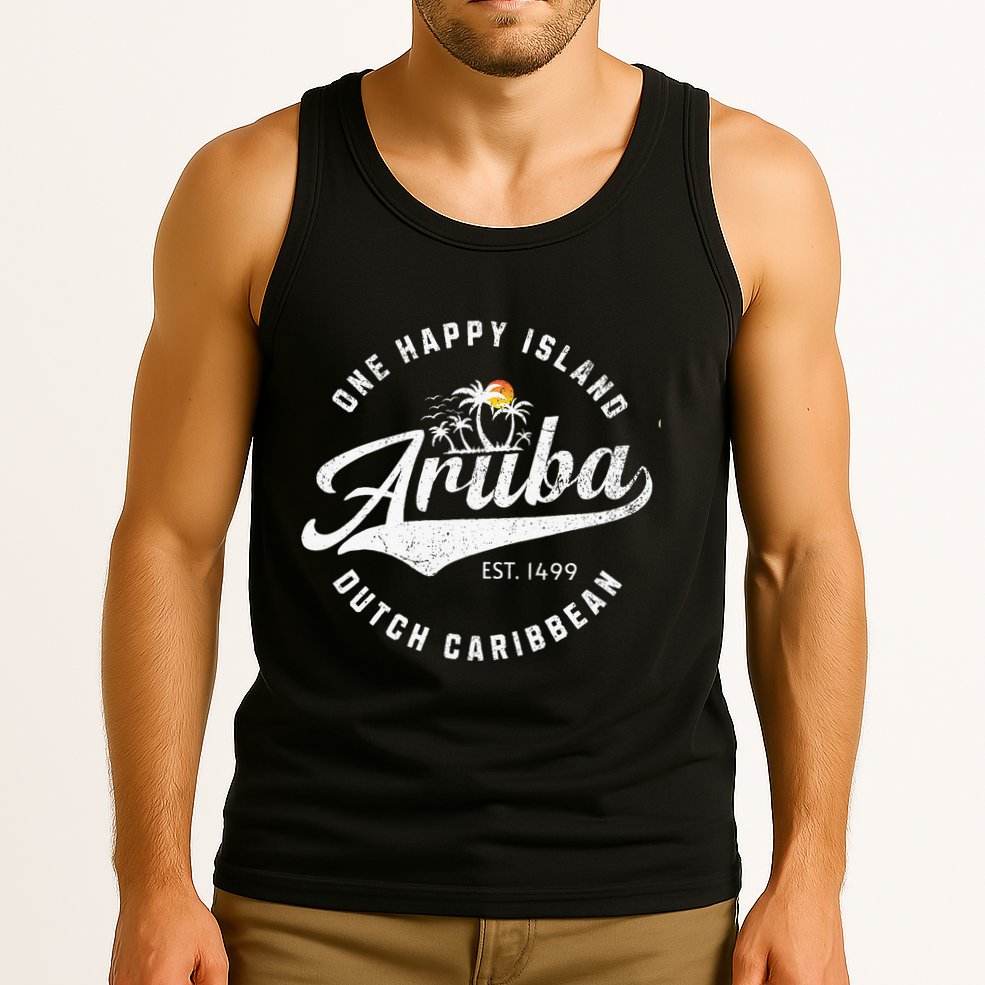 One Happy Island Aruba Script Lettering Vintage Logo Art Tank Top