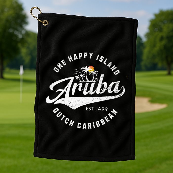 One Happy Island Aruba Script Lettering Vintage Logo Art Golf Towel