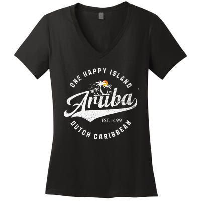 One Happy Island Aruba Script Lettering Vintage Logo Art Women's V-Neck T-Shirt