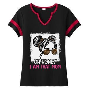 Oh Honey I Am That Mom Messy Hair Bun Leopard Gift Ladies Halftime Notch Neck Tee