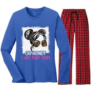 Oh Honey I Am That Mom Messy Hair Bun Leopard Gift Women's Long Sleeve Flannel Pajama Set 