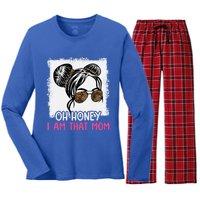 Oh Honey I Am That Mom Messy Hair Bun Leopard Gift Women's Long Sleeve Flannel Pajama Set 