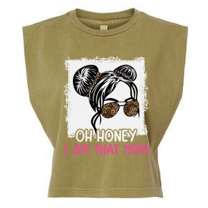 Oh Honey I Am That Mom Messy Hair Bun Leopard Gift Garment-Dyed Women's Muscle Tee