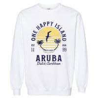 One Happy Island Aruba Retro Sunset Palm Ocean Vintage Garment-Dyed Sweatshirt