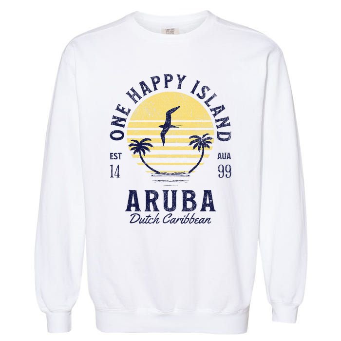 One Happy Island Aruba Retro Sunset Palm Ocean Vintage Garment-Dyed Sweatshirt