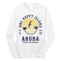 One Happy Island Aruba Retro Sunset Palm Ocean Vintage Long Sleeve Shirt