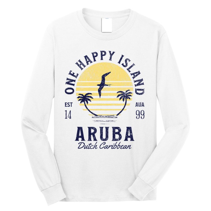 One Happy Island Aruba Retro Sunset Palm Ocean Vintage Long Sleeve Shirt