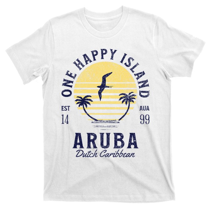 One Happy Island Aruba Retro Sunset Palm Ocean Vintage T-Shirt