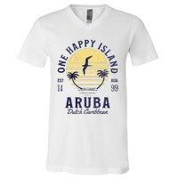 One Happy Island Aruba Retro Sunset Palm Ocean Vintage V-Neck T-Shirt