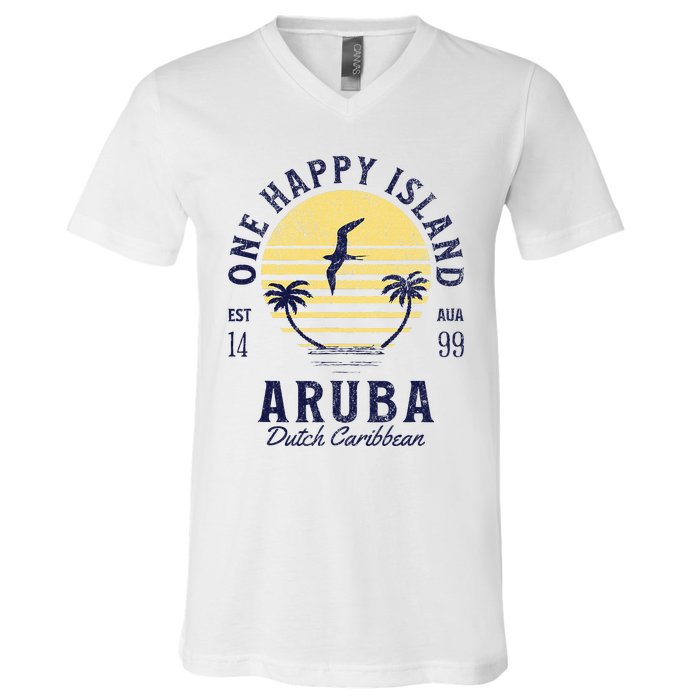 One Happy Island Aruba Retro Sunset Palm Ocean Vintage V-Neck T-Shirt