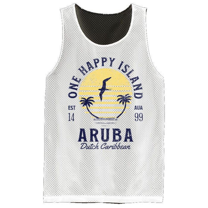 One Happy Island Aruba Retro Sunset Palm Ocean Vintage Mesh Reversible Basketball Jersey Tank