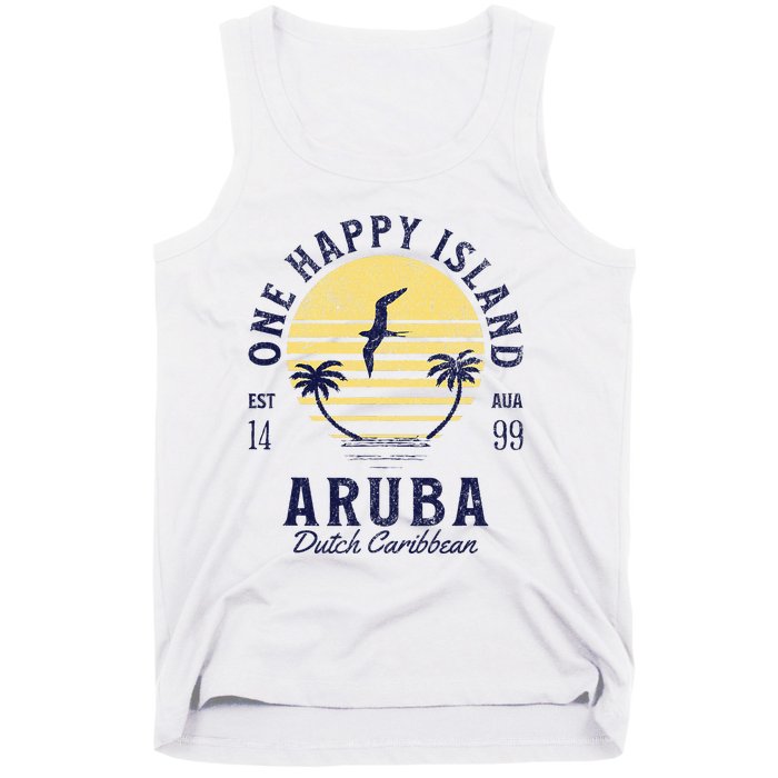 One Happy Island Aruba Retro Sunset Palm Ocean Vintage Tank Top