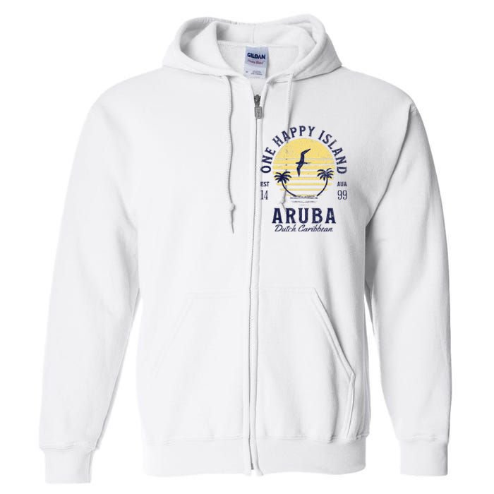 One Happy Island Aruba Retro Sunset Palm Ocean Vintage Full Zip Hoodie