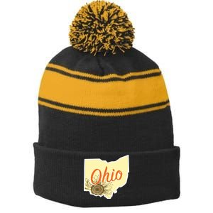 Ohio Floral Cute Flower Stripe Pom Pom Beanie