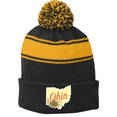 Ohio Floral Cute Flower Stripe Pom Pom Beanie