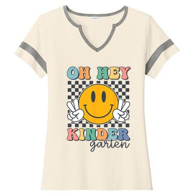 Oh Hey Kindergarten Teachers Kids Retro Smile Back To School Ladies Halftime Notch Neck Tee