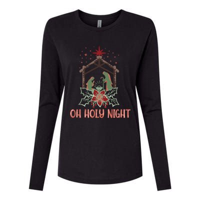 Oh Holy Night Christian Retro Christmas Religious Graphic Plus Size Womens Cotton Relaxed Long Sleeve T-Shirt