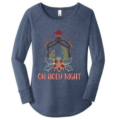 Oh Holy Night Christian Retro Christmas Religious Graphic Plus Size Women's Perfect Tri Tunic Long Sleeve Shirt