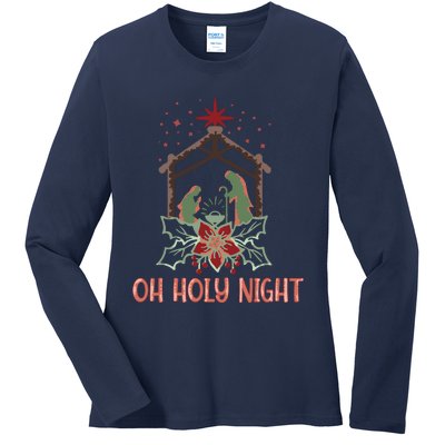 Oh Holy Night Christian Retro Christmas Religious Graphic Plus Size Ladies Long Sleeve Shirt