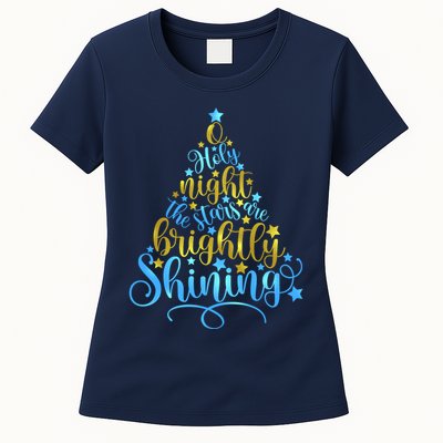 Oh Holy Night The Stars Are Brightly Shining Tree Womens T-Shirt
