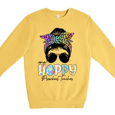 One Hoppy Preschool Teacher Messy Bun Teacher Easter Day Gift Premium Crewneck Sweatshirt