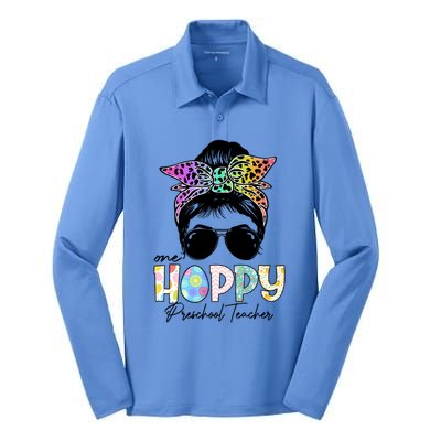 One Hoppy Preschool Teacher Messy Bun Teacher Easter Day Gift Silk Touch Performance Long Sleeve Polo