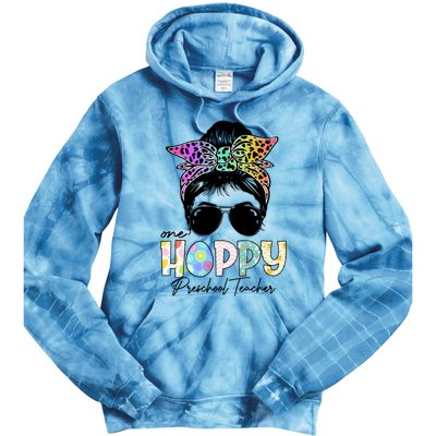 One Hoppy Preschool Teacher Messy Bun Teacher Easter Day Gift Tie Dye Hoodie