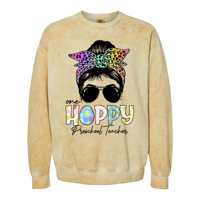 One Hoppy Preschool Teacher Messy Bun Teacher Easter Day Gift Colorblast Crewneck Sweatshirt