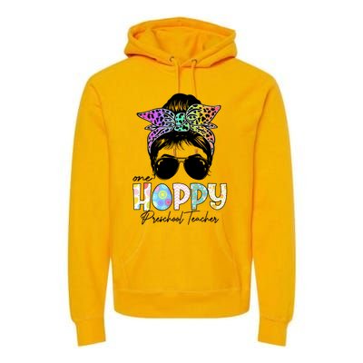 One Hoppy Preschool Teacher Messy Bun Teacher Easter Day Gift Premium Hoodie