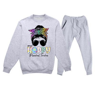 One Hoppy Preschool Teacher Messy Bun Teacher Easter Day Gift Premium Crewneck Sweatsuit Set