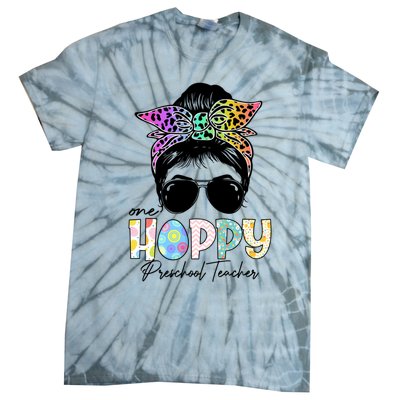 One Hoppy Preschool Teacher Messy Bun Teacher Easter Day Gift Tie-Dye T-Shirt