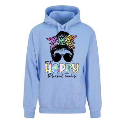 One Hoppy Preschool Teacher Messy Bun Teacher Easter Day Gift Unisex Surf Hoodie