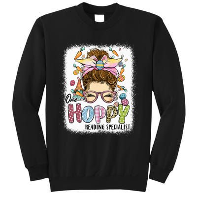 One Hoppy Reading Specialist Leopard Bunny Messy Bun Easter Sweatshirt