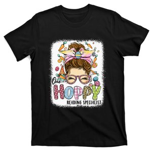 One Hoppy Reading Specialist Leopard Bunny Messy Bun Easter T-Shirt