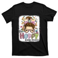 One Hoppy Reading Specialist Leopard Bunny Messy Bun Easter T-Shirt