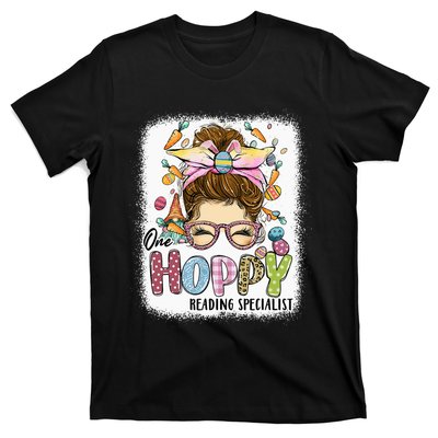 One Hoppy Reading Specialist Leopard Bunny Messy Bun Easter T-Shirt