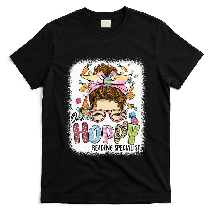 One Hoppy Reading Specialist Leopard Bunny Messy Bun Easter T-Shirt