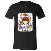 One Hoppy Reading Specialist Leopard Bunny Messy Bun Easter V-Neck T-Shirt