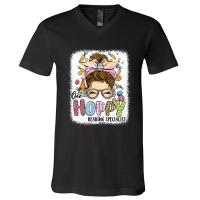 One Hoppy Reading Specialist Leopard Bunny Messy Bun Easter V-Neck T-Shirt