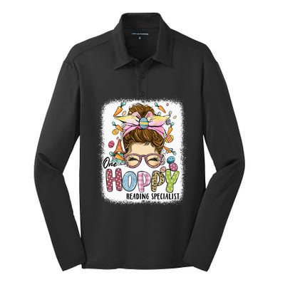 One Hoppy Reading Specialist Leopard Bunny Messy Bun Easter Silk Touch Performance Long Sleeve Polo